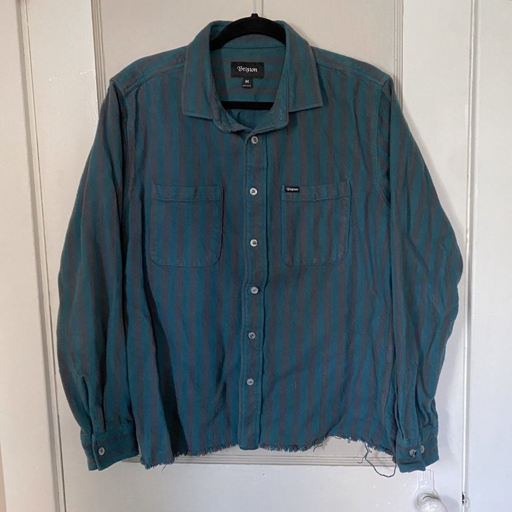BRIXTON Men's Plaid Flannel Long Sleeved Button Down Shirt Teal Gray